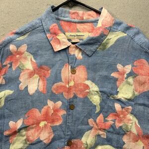 Tommy Bahama 100% Linen Hawaiian Floral Shirt Blue XL
